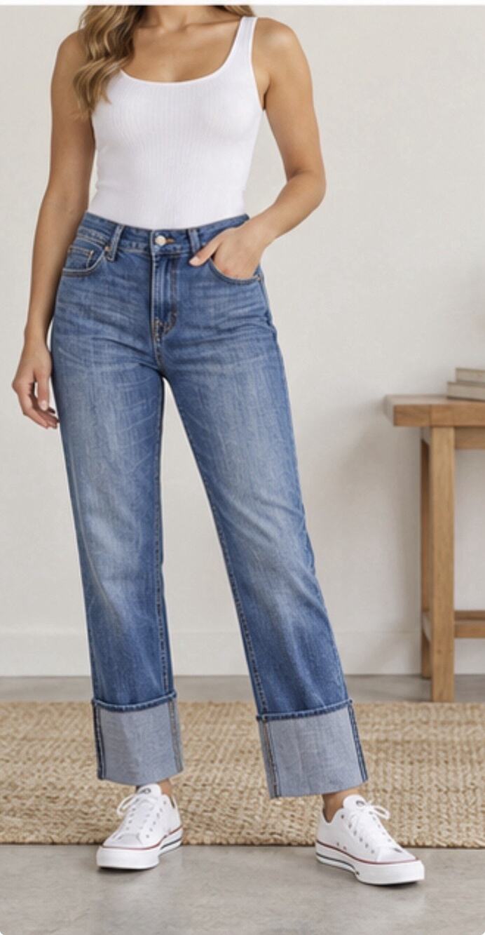 New York & Company Women’s Jeans Size 2 Cuffed Straight Leg Blue Stretch Denim